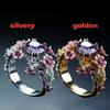 Silverfärgad blommig ring med rosa blommig inläggning och prinsesslipad naturlig lila kristall, elegant och utsökt ring för kvinnor