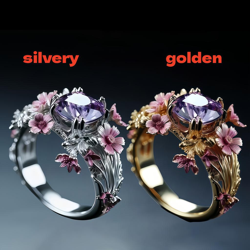 Silverfärgad blommig ring med rosa blommig inläggning och prinsesslipad naturlig lila kristall, elegant och utsökt ring för kvinnor
