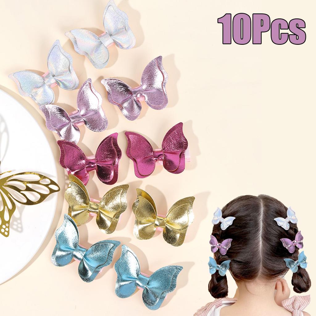 10Pcs Butterfly Hair Clips Trendy Glossy PU Leather Hairpins Kawaii Cute Shiny Barrette For Baby Girls Kids Headwear Accesories
