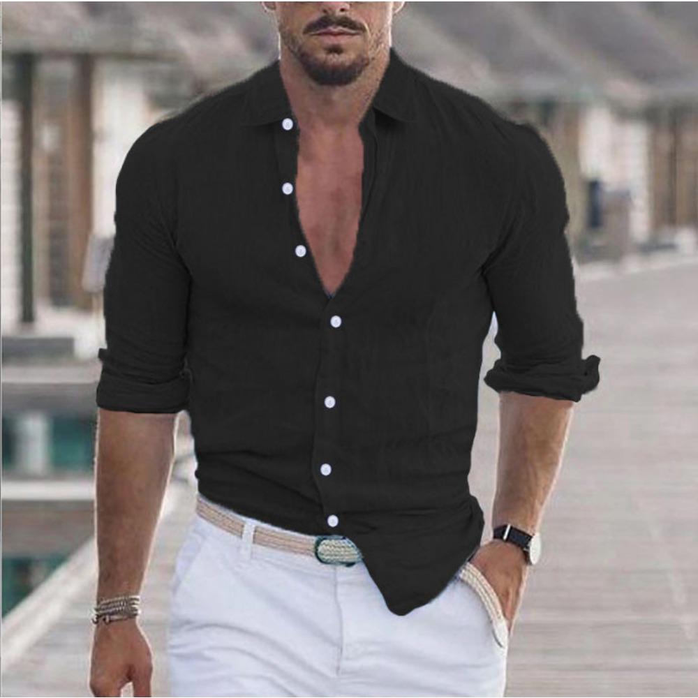 New Men's Summer Cotton-Linen Collared Beach Shirt Long-Sleeved Plain-Coloured Top