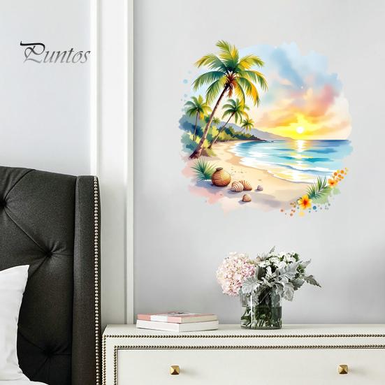 Adesivo per Vetro Autoadesivo Tramonto Palma Costa Marina Decorazione Murale, Adesivo Paesaggio Spiaggia Estiva Acquerello, Decalcomania Rotonda Arte Cocco Tropicale