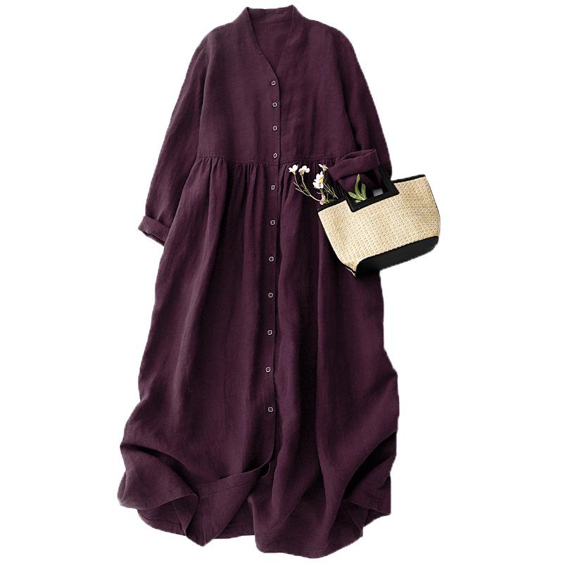 2025 Wiosna/Jesień Damska Bawełniana Lniana Sukienka z Dekoltem w Serek w Kolorze Klawretowym z Otwartym Przodem Dwuwarstwowa z Długim Rękawem Wyszczuplająca