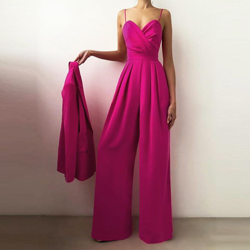 Spring Summer Casual Wide Leg Long Jumpsuit Female Solid Color Draped Slim Playsuit Women Elegant High Waist Strap Solid One Piece Romper