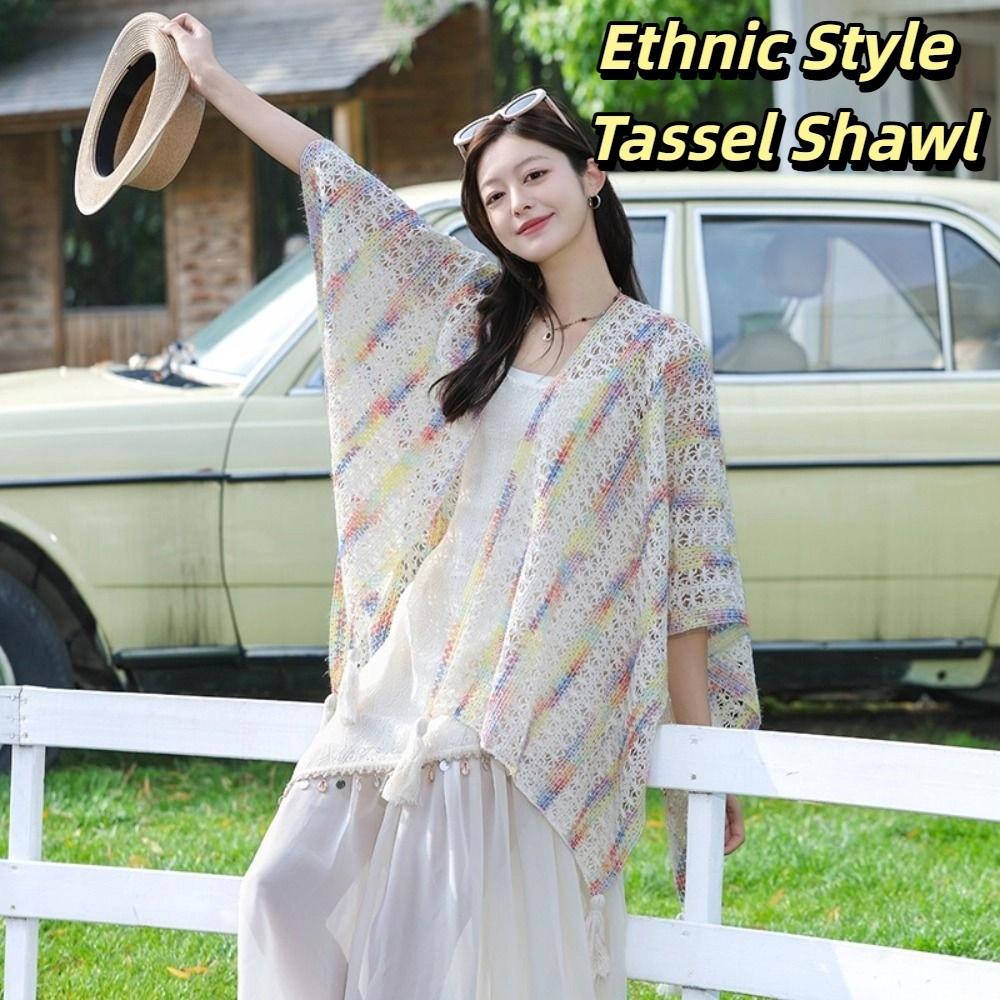 Colorful Ethnic Style Tassel Shawl Thin Beach Scarf Sunscreen Crochet Cardigan  Spring Summer
