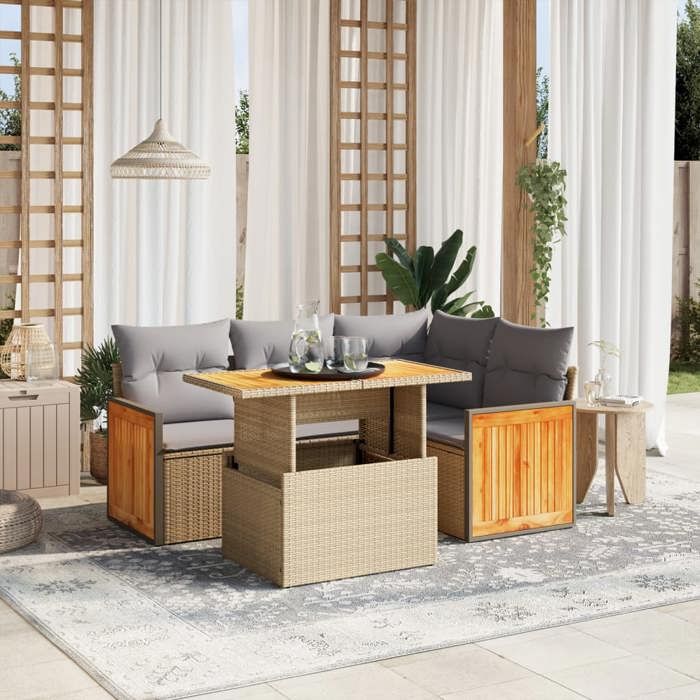VidaXL Salon de Jardin avec Coussins 5 pcs, Canapés de Terrasse, Ensemble de Meubles de Patio, Mobilier d'Extérieur, Beige 3273943