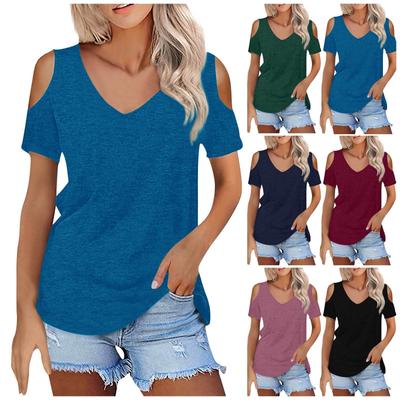 Women's Summer Fashion Casual Solid Color Strapless V-Neck Short Sleeve T-Shirt Top