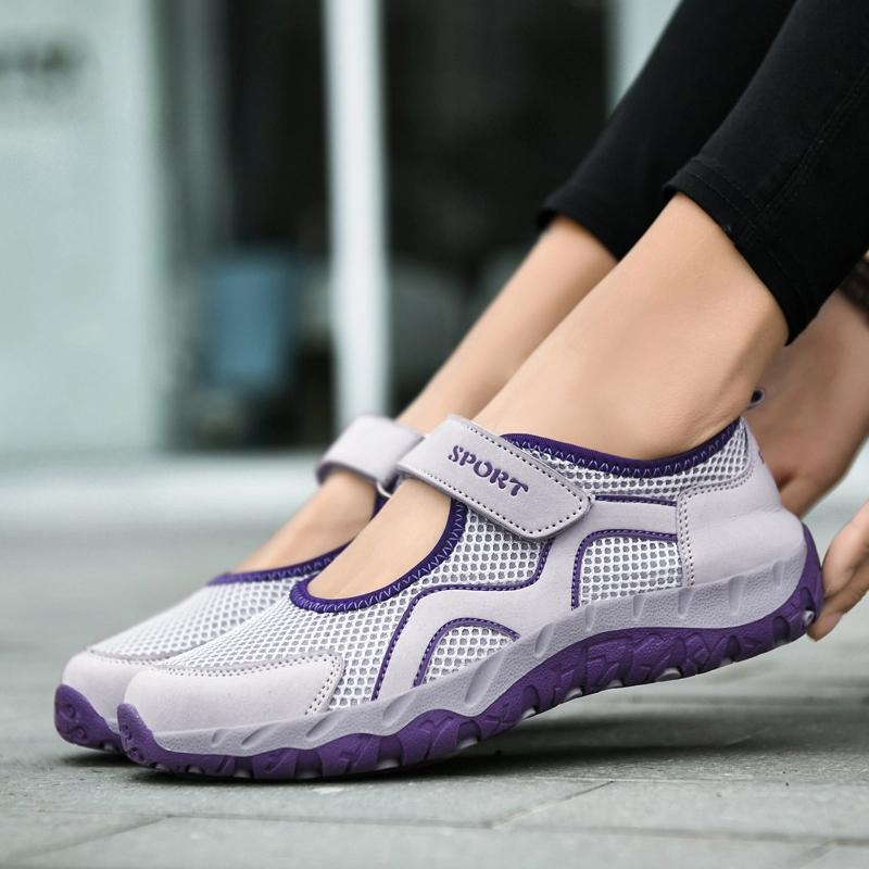 Fashion Women's Sports Flat Shoes Casual Comfortable Mesh Non Slip Summer Breathable Walking Mom Shoes Elderly Middle Aged Soft Soled