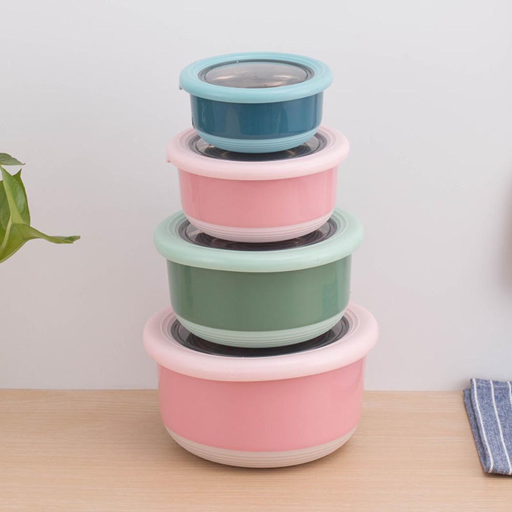 Japanese-style Stainless Steel Fresh-keeping Box Round Anti-scalding Lunch Box Drop-proof with Lid Food Sealing Bowl