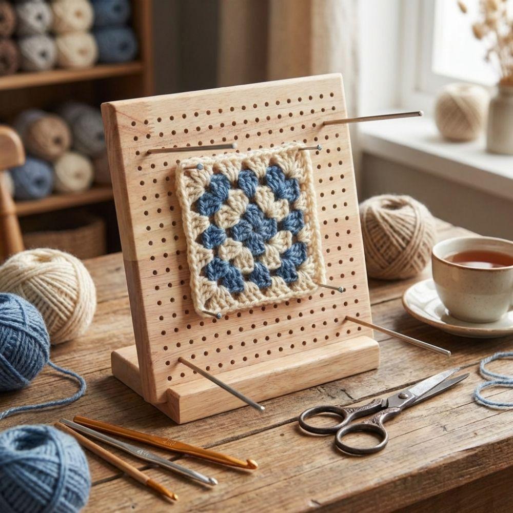 DIY Crochet Blocking Boards 10/15/20cm Square Knitting Blocking Mat with Base and Rod Pins Wooden Pottery Clay Base Plug Board