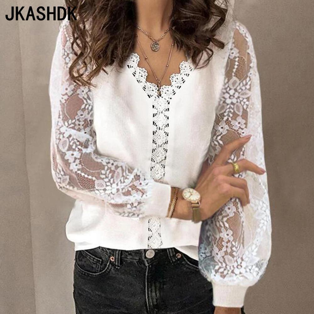 JKASHDK Women's Fashion Casual Spring Autumn Solid Color Print Long Sleeve V-Neck Blouses & Shirts