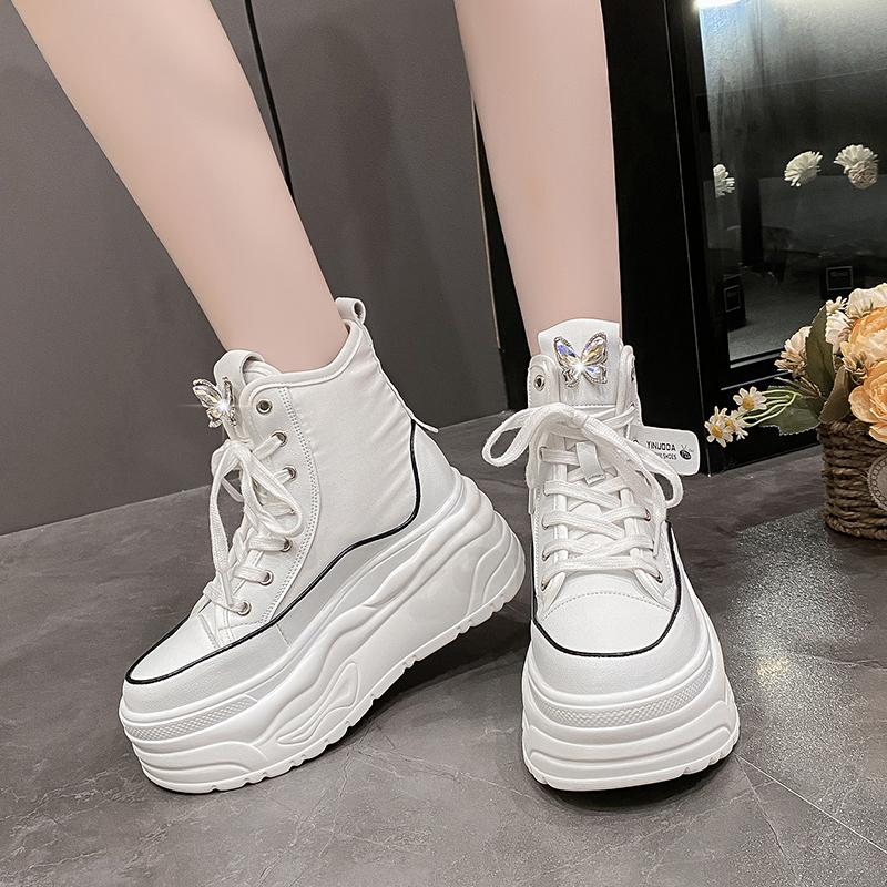 Fashion Women's High-top Sneakers Platform Wedges Autumn Fashion Shoes Woman Lace Up White Footwear Platform Thick Bottom Canvas2024