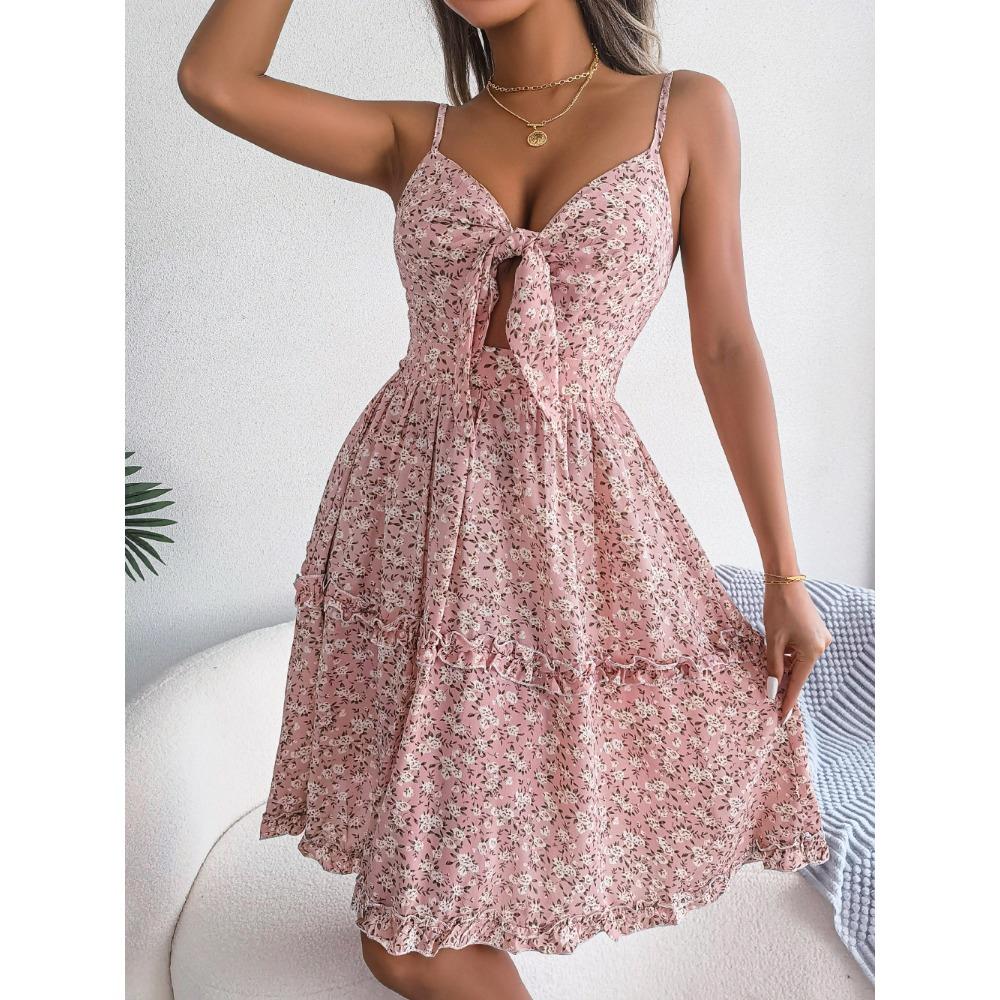 Spring and Summer Floral Bow V-neck Wooden Ear Side Swing Dress Holiday Halter Dresses for Women