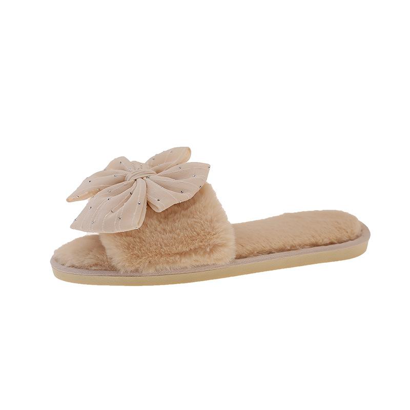 Cotton Household Home Fluffy Warm Ins Slippers Slippers Indoor Plush Open Drag Bow Cotton Slippers