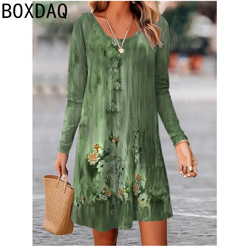 Vintage Boho Floral Elegant Women Dress Autumn Long Sleeve O-Neck A-Line Dress Big Size Casual Loose Dress Vestidos