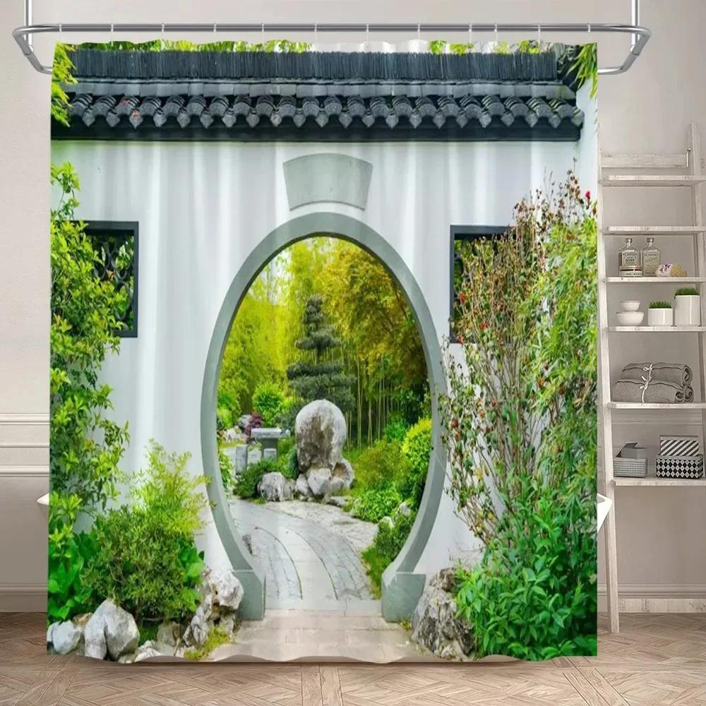 Fence Flowers Shower Curtains Blue Window Nature Floral Plants Scenery Modern Garden Wall Hanging Home Bathroom Decor With Hooks