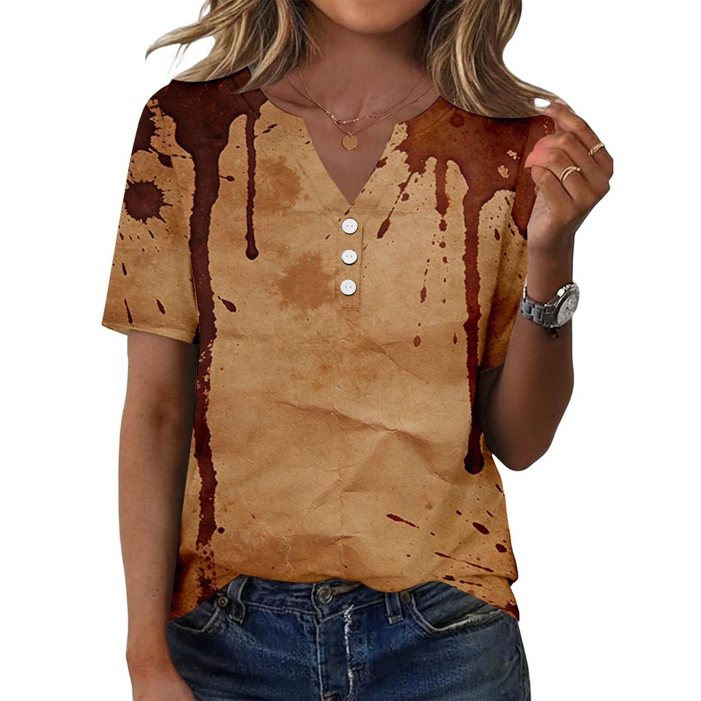 Women's Casual Short Sleeve V Neck Henley Shirt Button Front Halloween Print Lightweight Top for Everyday Wear
