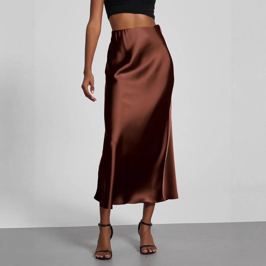 Women's Clothing Elegant Satin Midi Skirt Slim Fit High-Waisted Dress