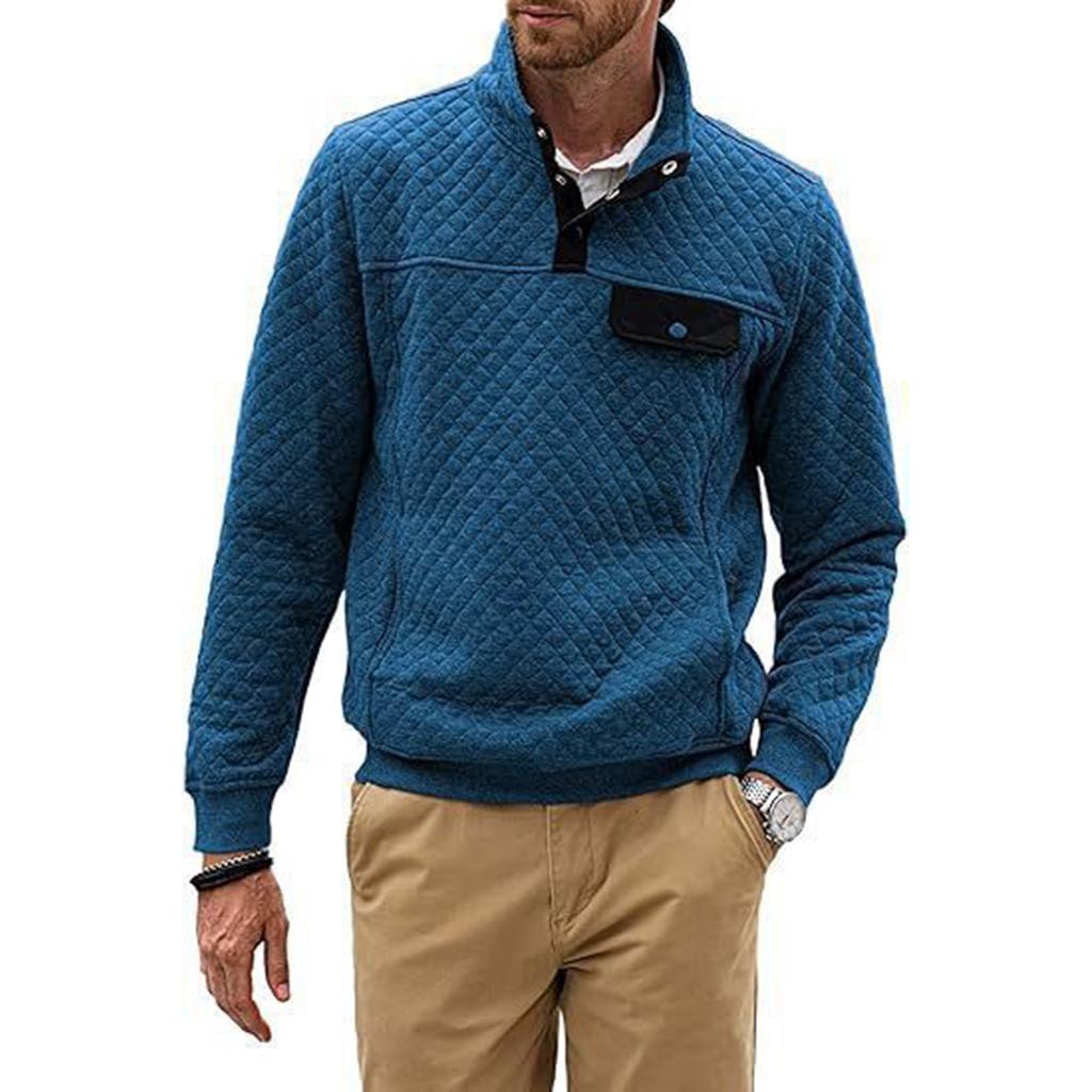 Men's Winter Solid Color Diamond Check Sweatshirt Men's Casual Pocket Button Sweatshirt