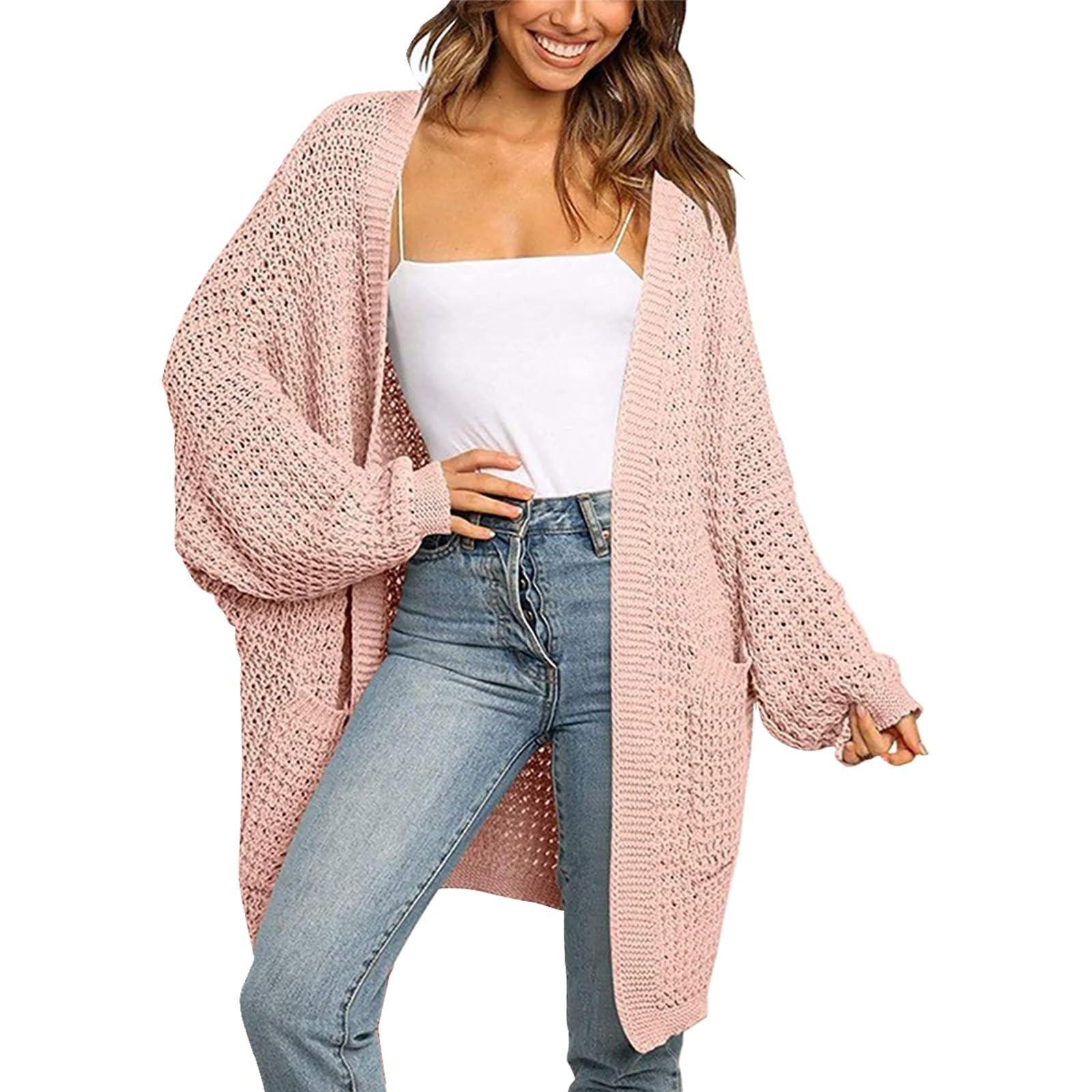 

Женская мода Повседневный открытый спереди Длинный рукав Кардиганы крупной вязки Свитера Верхняя одежда Пальто XL розовый