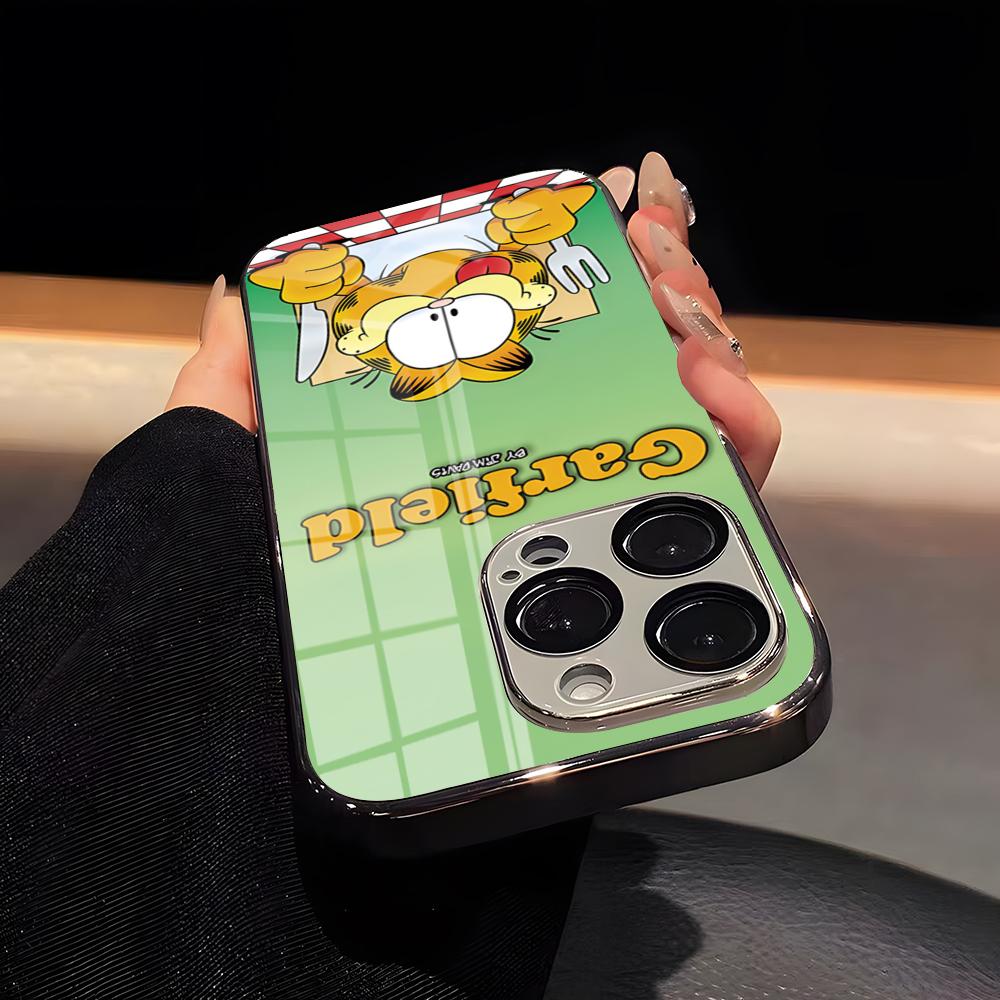 

G-Garfield Phone Case Luxury Glass Phone Case For IPhone 17 16 15 14 13 12 11 Pro Max Plating Frame Cover iPhone 11 Pro