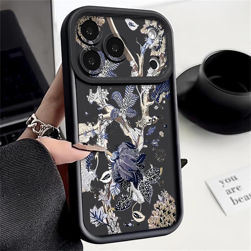 For iPhone 17 Pro Max Case Luxury Retro Dark Floral Pattern Shockproof Bumper Soft Silicone Cover For iPhone 16 15 14 13 Pro 12 11 16E Air