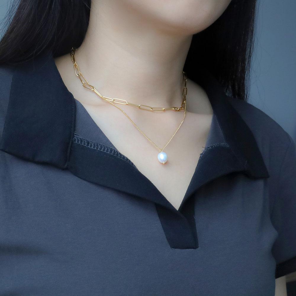 Fashion Titanium Steel Clavicle Neck Chain Trend Cold Wind Pearl Pendant Double Layer Stacked Necklace Women