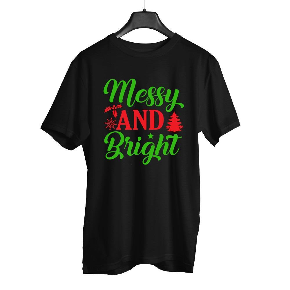 Christmas T-Shirt Messy & Bright Xmas Slogan Gift Unisex Tee Short Sleeve Tops O-Neck Street