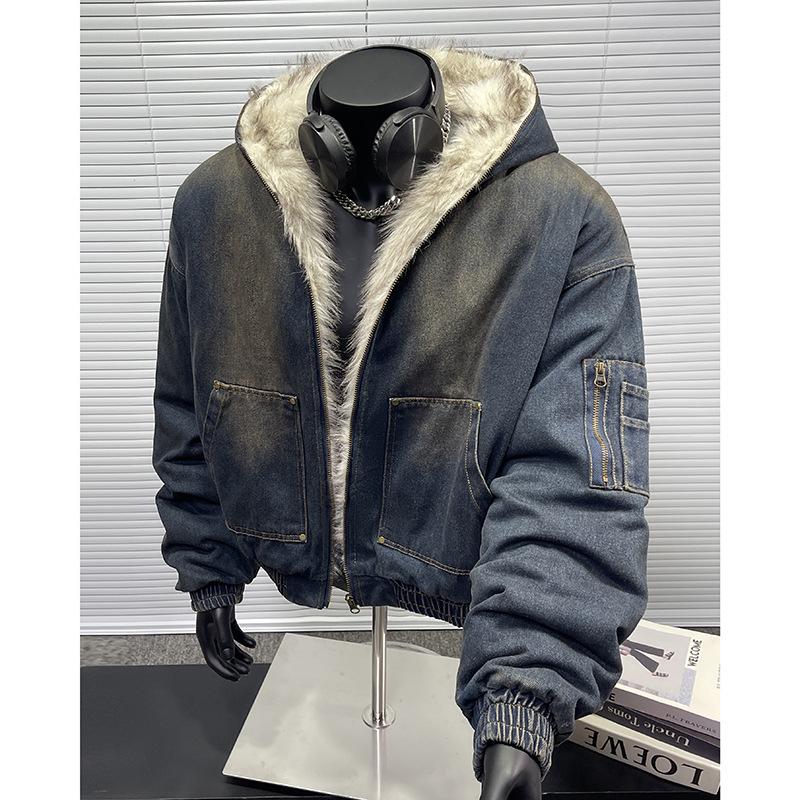 Giacca di jeans con cappuccio da uomo stile retrò americano - Cappotto invernale spesso, caldo, foderato in velluto con sensazione di alta gamma