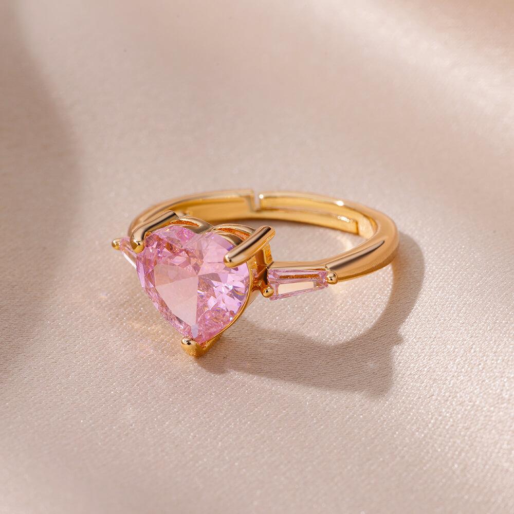 Pink Zircon Heart Rings For Women Gold Plated Stainless Steel Adjustable Heart Ring 2025 Trend Wedding Aesthetic Jewelry Gift