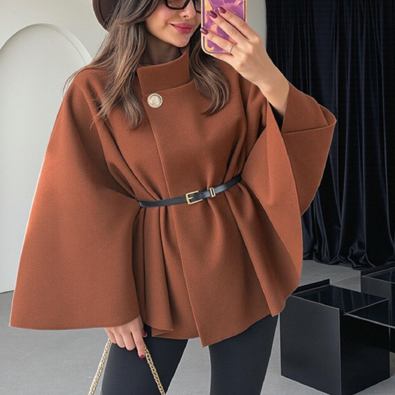 

Women s Fashion Solid Waist Tie Woolen Cape Coat XS