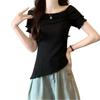 Summer Short Openwork Summer Summer Ribbed Short Black [HEBELD] Women's Tops, Summer, Sweater, Knit, Sleeve, Knit, Clothes, Knit, Knit, Sleeve, Neat,