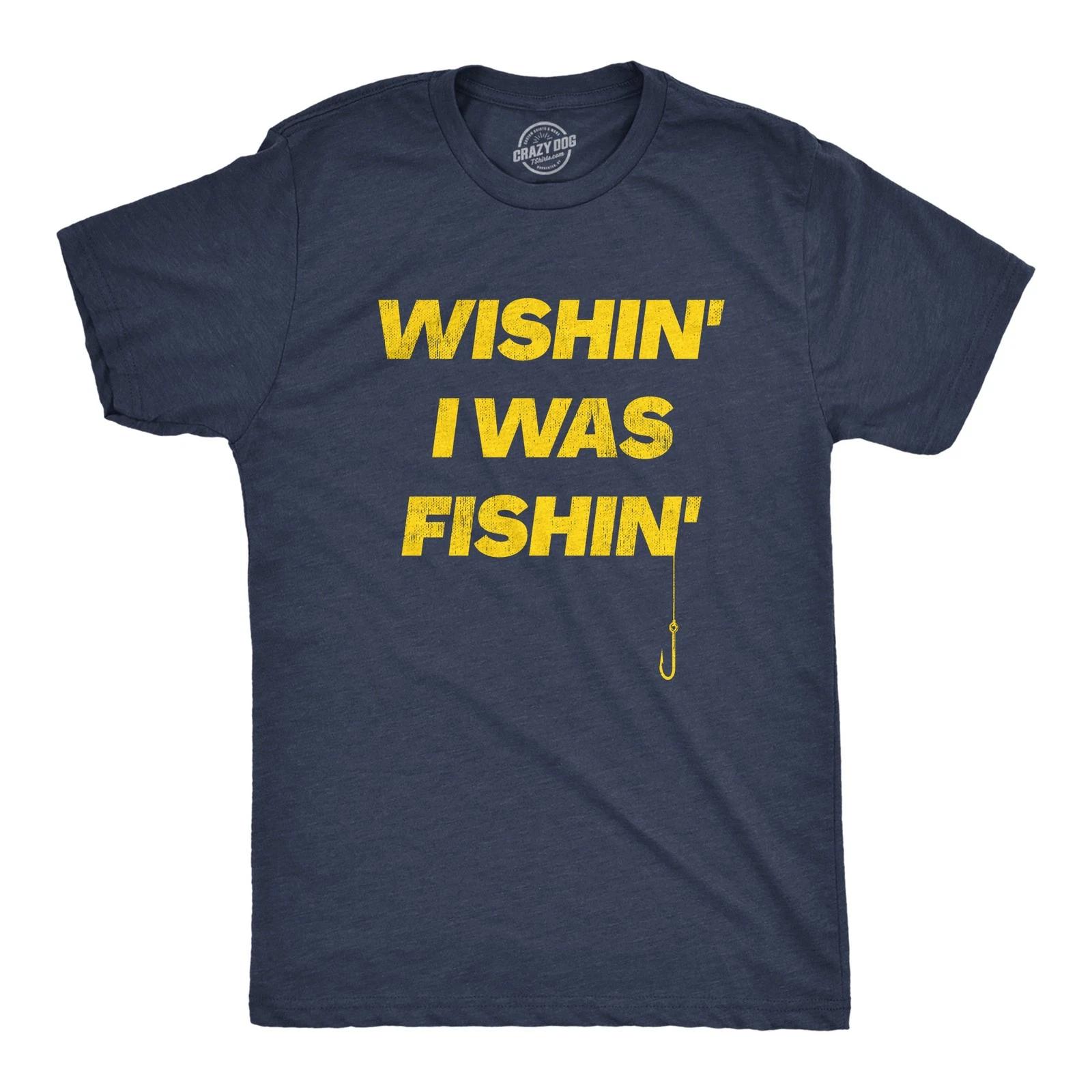 Mens Wishin I Was Fishin T Shirt Funny Fishing Lovers Hook Line Tee for Guys S