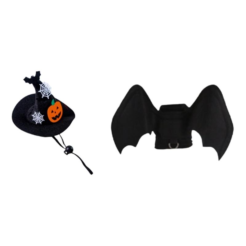Halloween Seasonal Pet Costume Set with Pointed Hat Wing Panel Collar Charm Soft Fabric Look for Photo Parties and Home Use