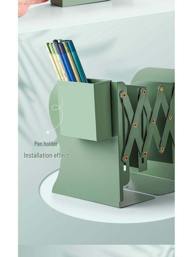 Retractable Desktop Bookend with Pen Holder and Integrated Book Storage Clip  