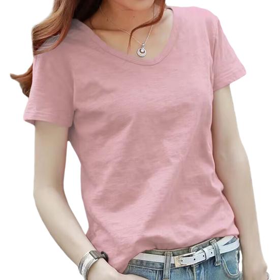 

Женская футболка с V-образным вырезом, с коротким рукавом, свободного кроя, однотонная, мягкая L розовый