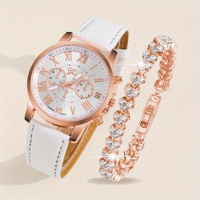 2pcs/set Women's Elegant Watch Fashion Casual Analog PU Leather Band Wrist Watch & Rhinesone Bracelet, Best Gift for Her
