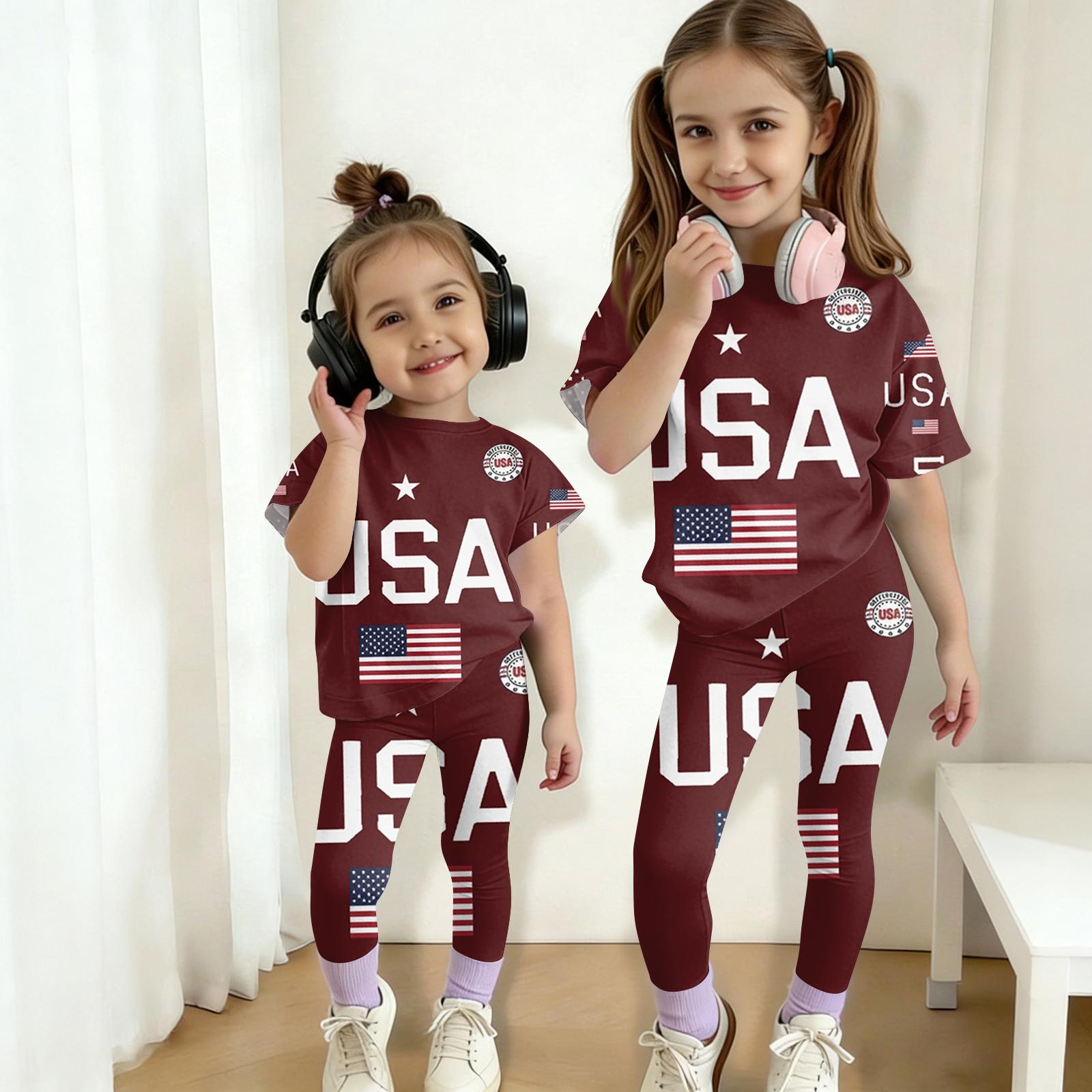 

Kids Independence Day Outfit Set Short Sleeve Top and Full Length Pants USA Themed Casual Suit for Boys and Girls 140 коричневий