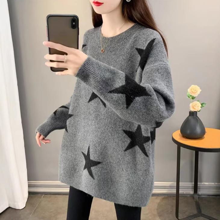 

Denim shirt collar gray sweater women s autumn and winter five-pointed star design sense niche long-sleeved loose pullover knitted top Average size