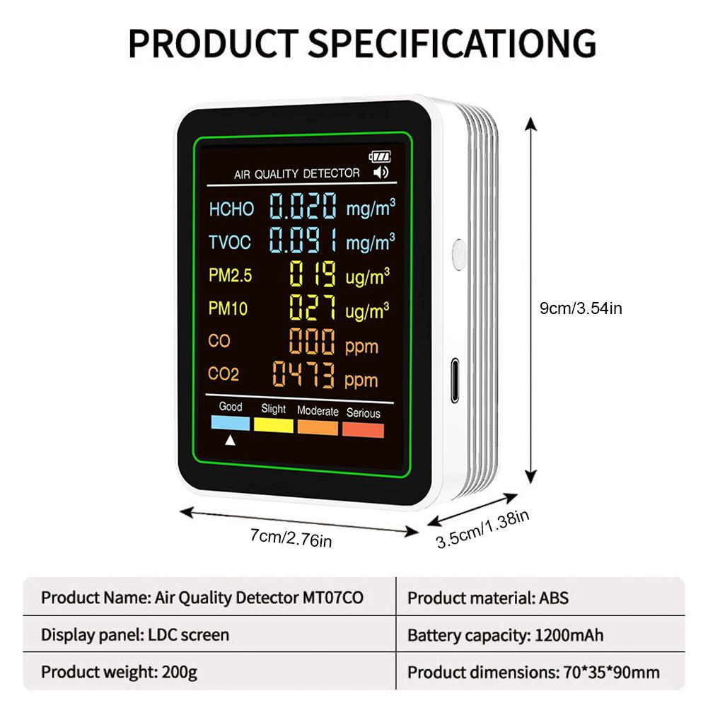 6-in-1 Air Quality Meter Real-Time CO2 Tester Portable Temperature Humidity Detector for Office School & Hotel