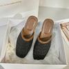 Summer New Women Slip On Mules Shoes Fashion Cane Weave Ladies Sandal Shoes Square Low Heel Outdoor Casual Slipper