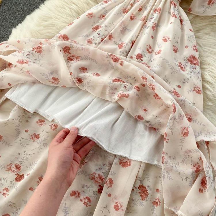 Women Summer Floral V Neck Long Dress High Waist Ruched A Line Short Sleeve