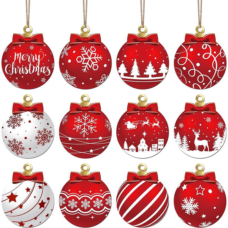 

5.5x7CM Red White Wooden Christmas Tree Decorations Christmas Hanging Ornaments for Home Winter New Year Decor Party Supplies 12Pcs