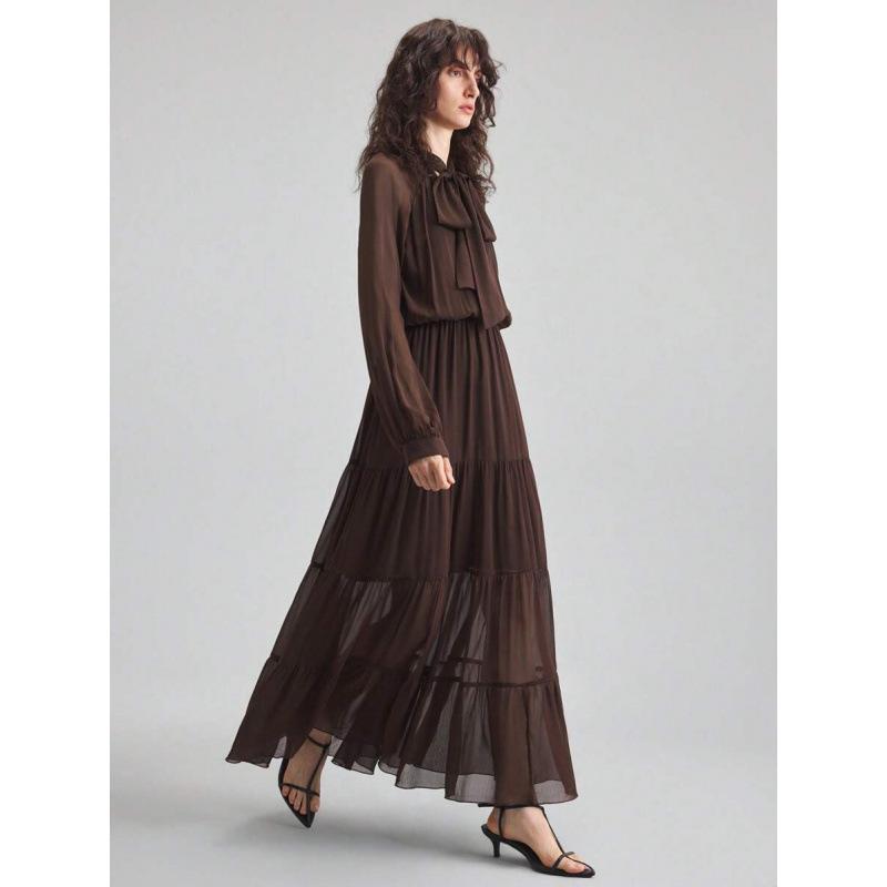 Europe, America 2026 autumn new loose temperament bow lace beach vacation dress women XS