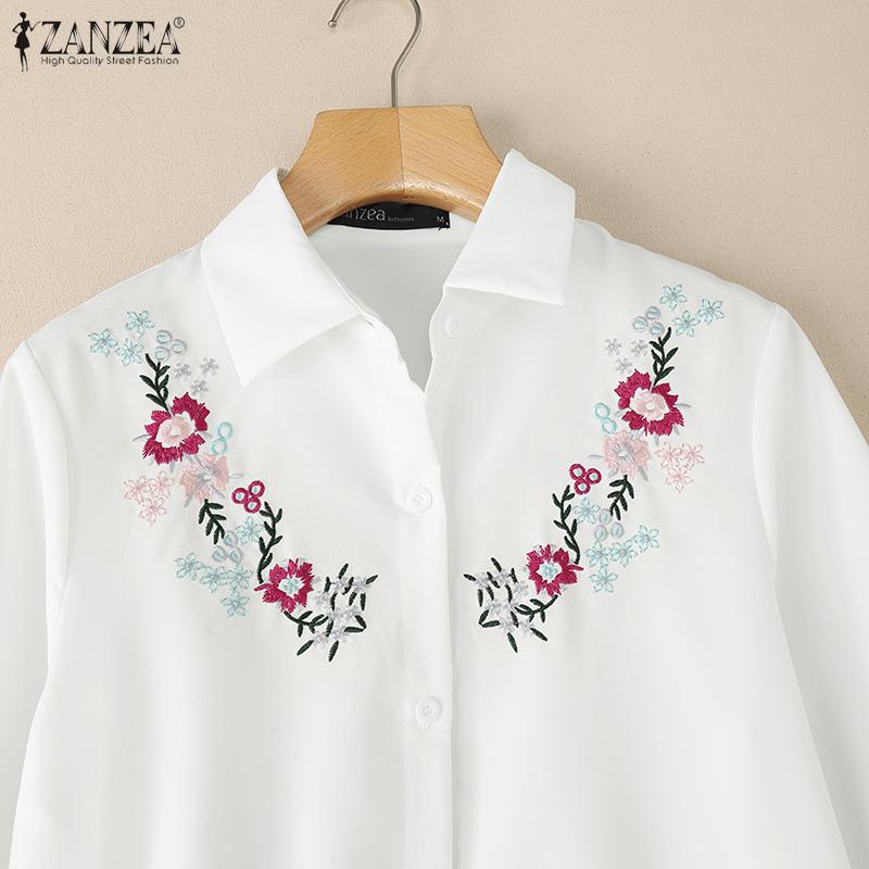 ZANZEA Dame Casual Nedslått Krage 3/4 Erme Blomsterbroderi Bluse