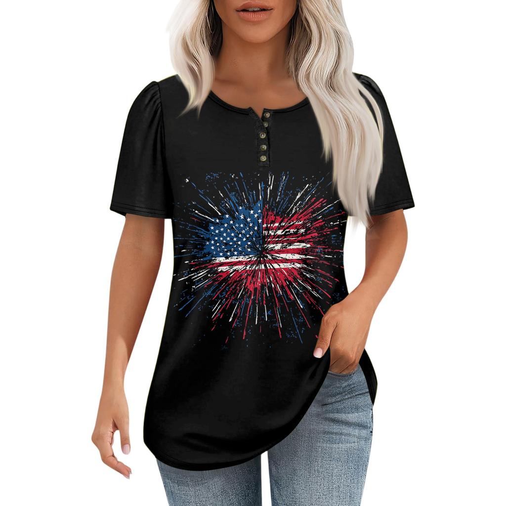 Modisches, lässiges Pullover-Oberteil mit kurzen Ärmeln und Knopfleiste und Rundhalsausschnitt für Damen