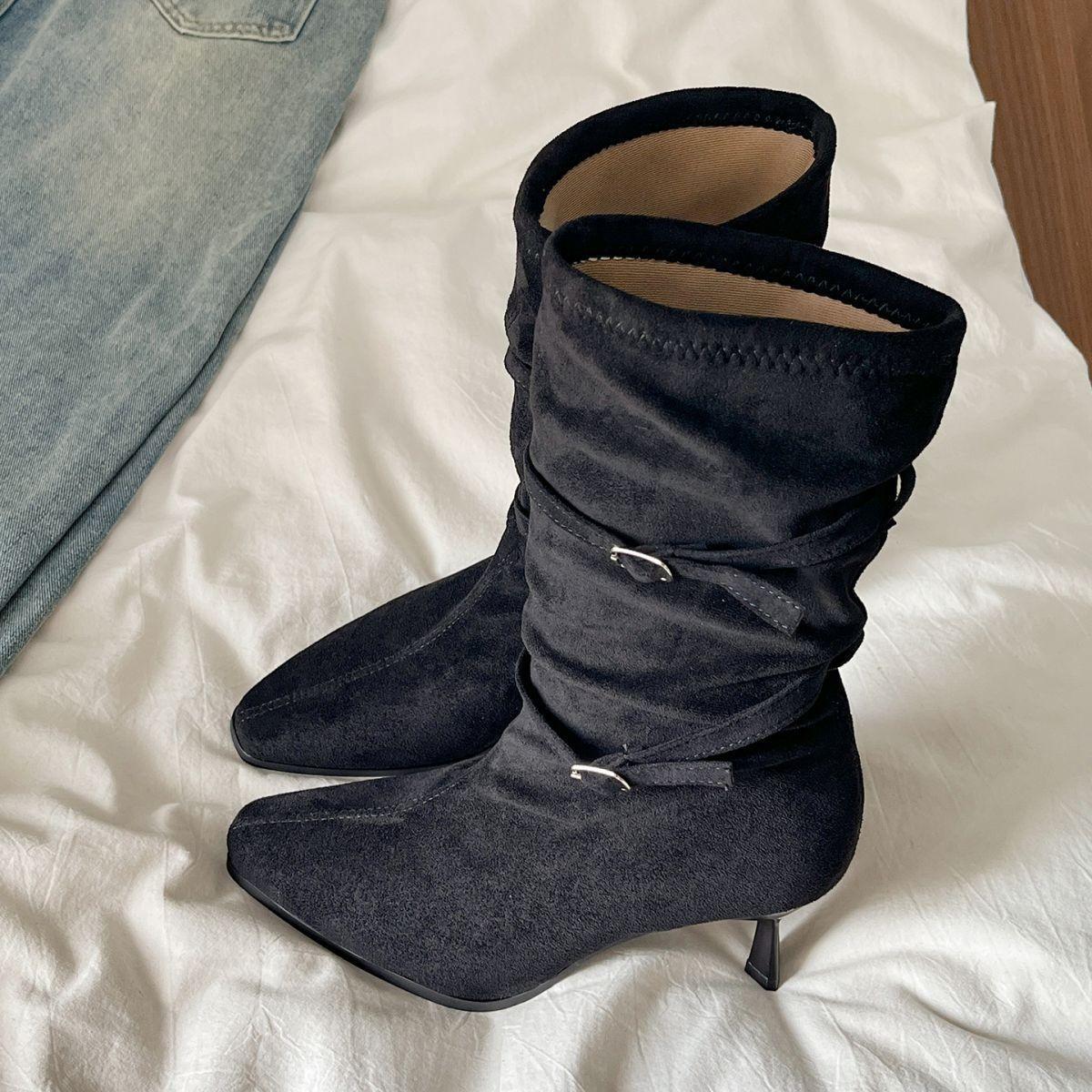 

French pointed high-heeled Maillard short boots women s 2025 new autumn versatile height-increasing and thin elastic stacking boots 40