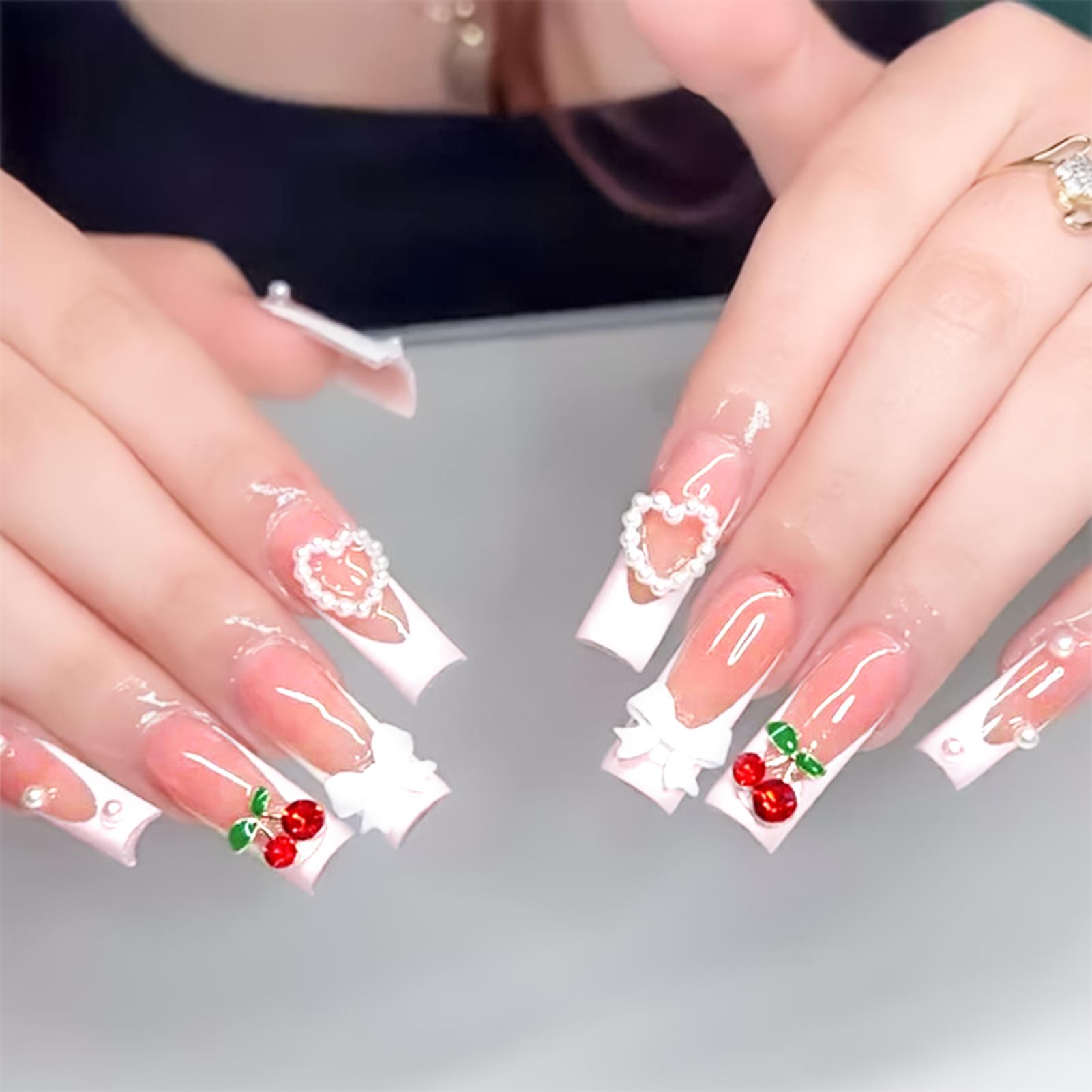 Glossy Pink Long Fake Nails with White Tip Easy Effortless Application to Nails for Women and Girl Nail Salon Tacitly Approve розовый