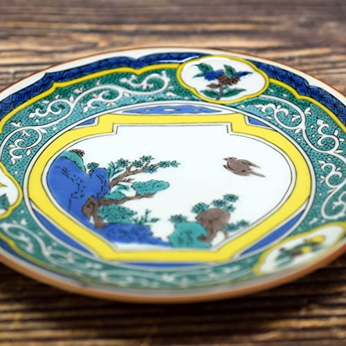 Waza no Kura: Stilvoller Kutani-Ware-Teller mit einem farbenfrohen Blumen- und Vogeldesign. Ein tolles Geburtstagsgeschenk. Hergestellt in Japan.