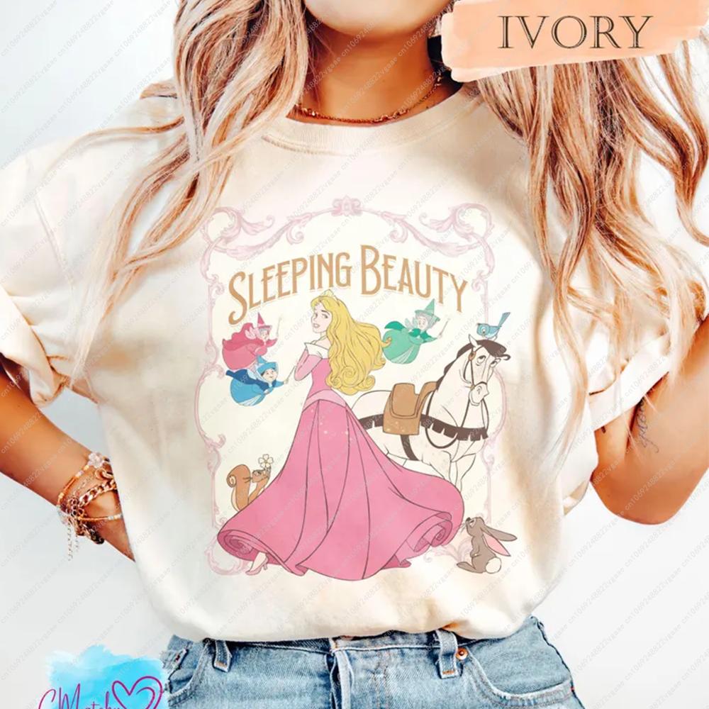 2026 Disney Aurora Sleeping Beauty Floral Vintage Beauty T Shirt Top Tee Matching Unisex Princess Y2k Adults Cotton Clothes New S