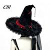 Decorative Halloween Hat Witch for Women, Large Black Velvet Wizard with Festive Holiday Headwear Mesh Ruffle Brim Adults Costume, Cosplay Party